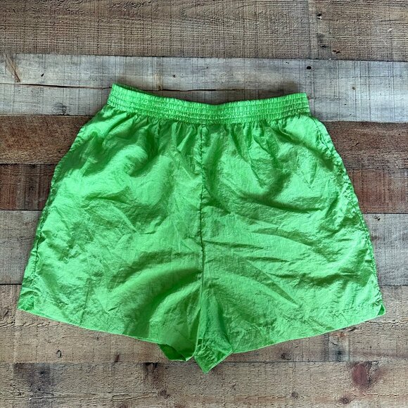 Vintage 90's Athletech neon Green Nylon Shorts With Elastic Waist women's large - Picture 1 of 9